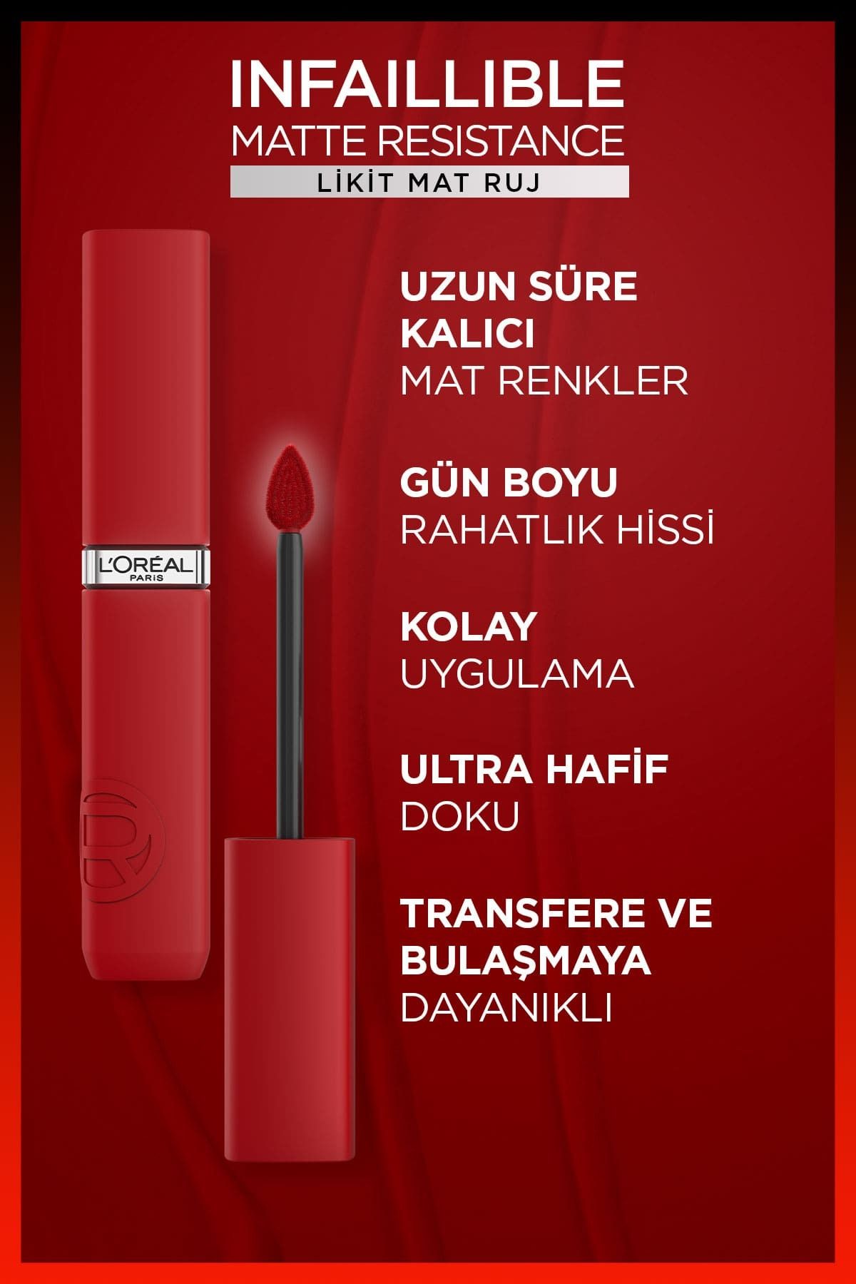L'Oreal Paris رژ لب مایع مات Infaillible Resistance ماندگاری 16ساعته شماره 400 رنگ قرمز