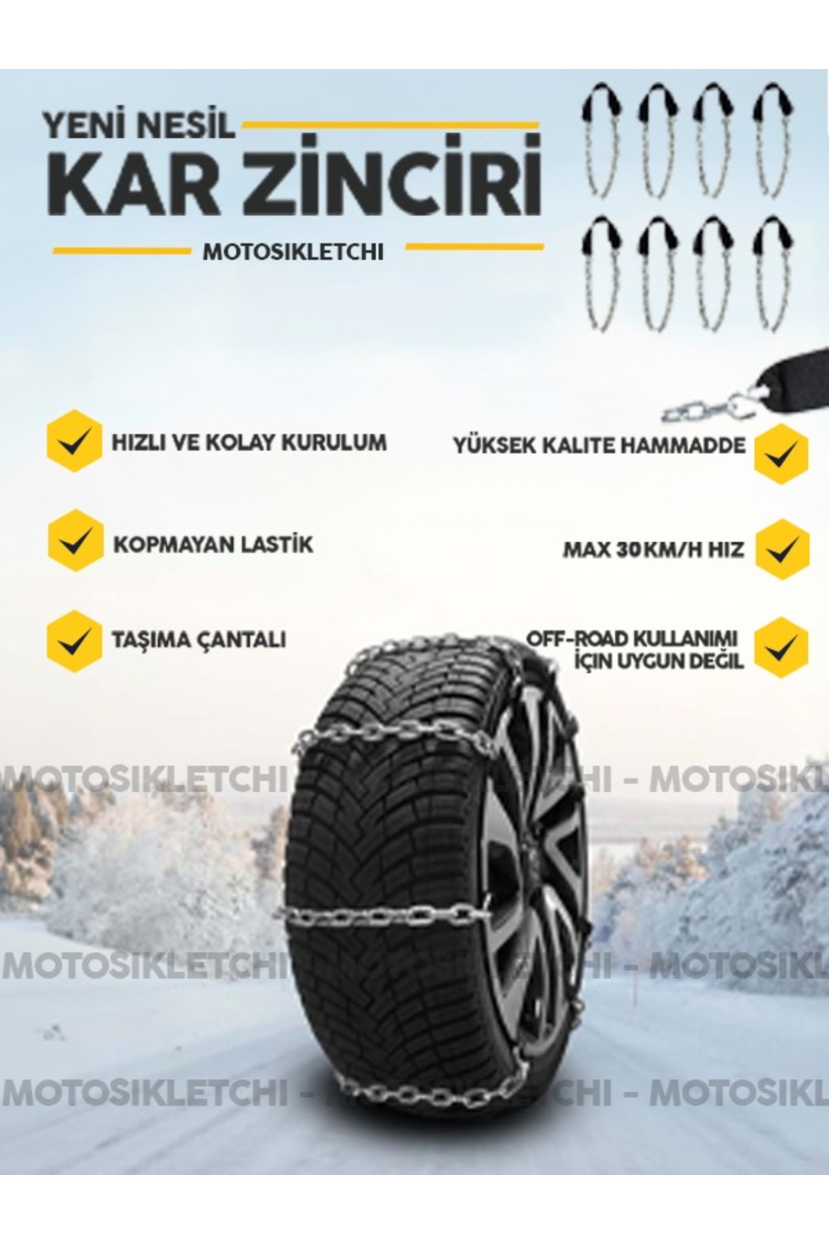 MOTOSİKLETCHİ ''Yeni Nesil Hızlı Kurulumlu Kar Zinciri - Max 30km/h, Taşıma Çantası, Kopmayan Lastik”