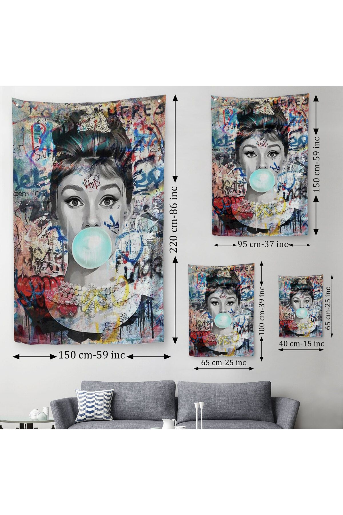Doğal Tercih-Audrey Hepburn Banksy Style Wall Art Ciklet Poster, Hepburn Wall Cloth - Rug-5319 3