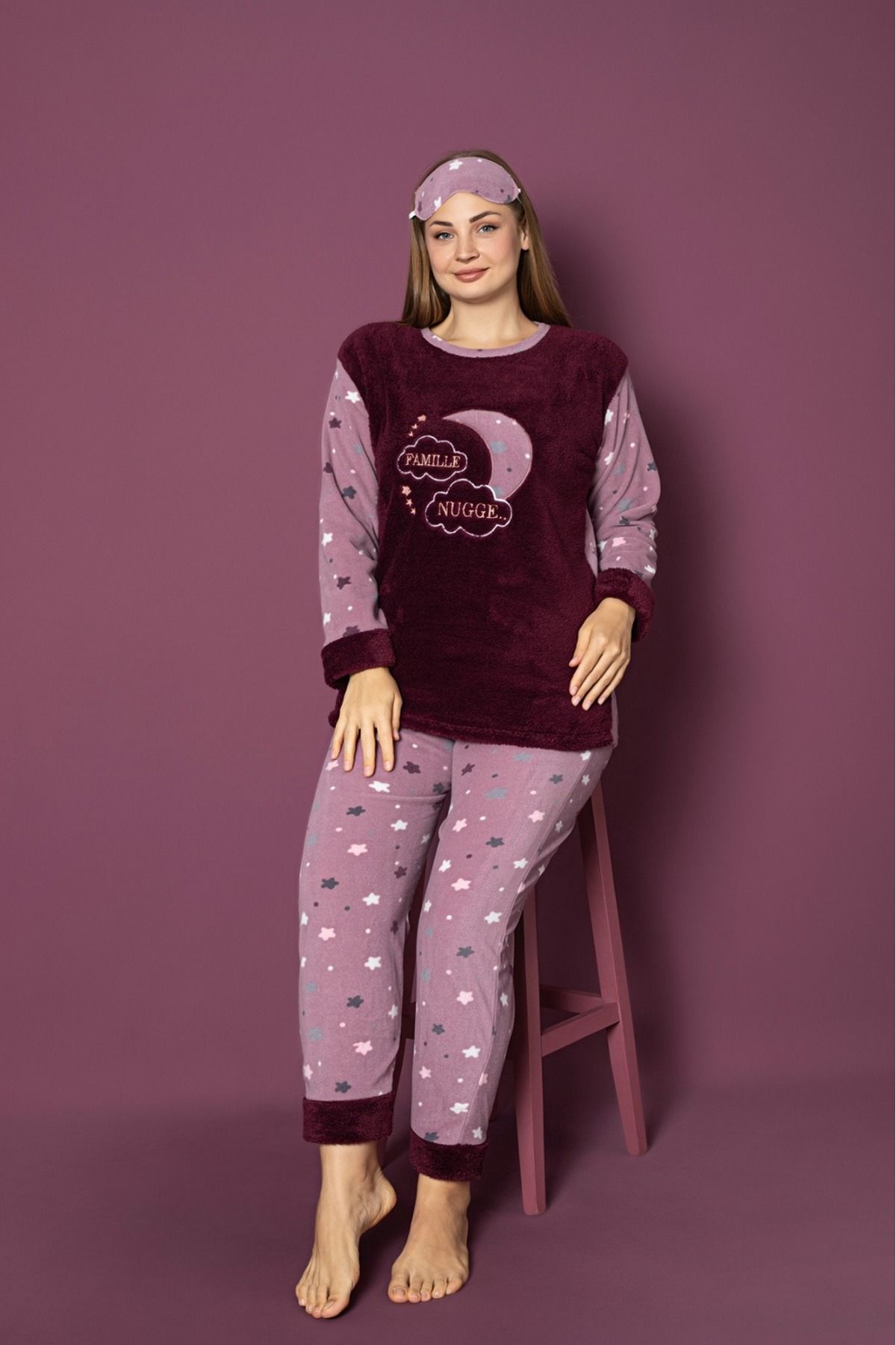 Asel-Night Pattern Plus Size Fleece Pajamas Set 1