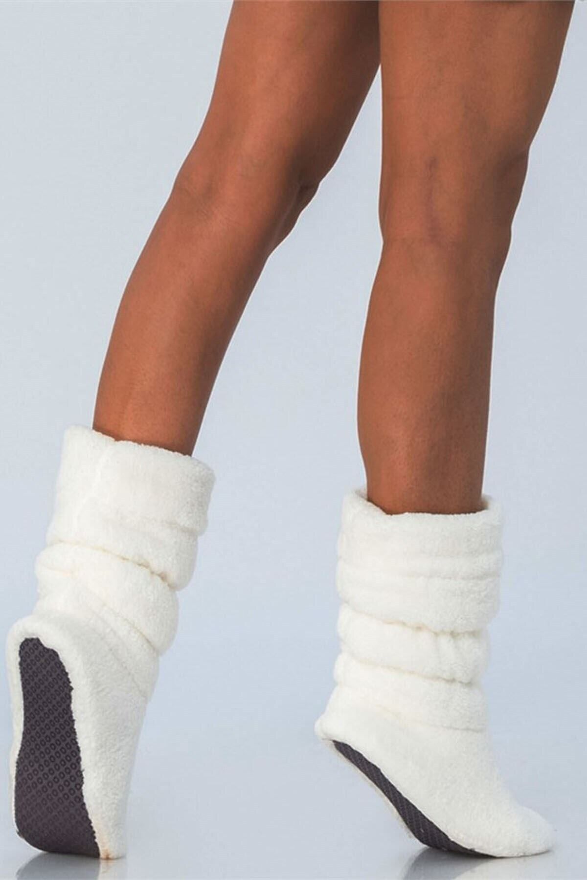 HAN GİYİM-Women's Ecru Welsoft Drawstring Long Boots, Non-Slip and Quiet Sole, Winter, Plush, Soft Drawstring Boots 3