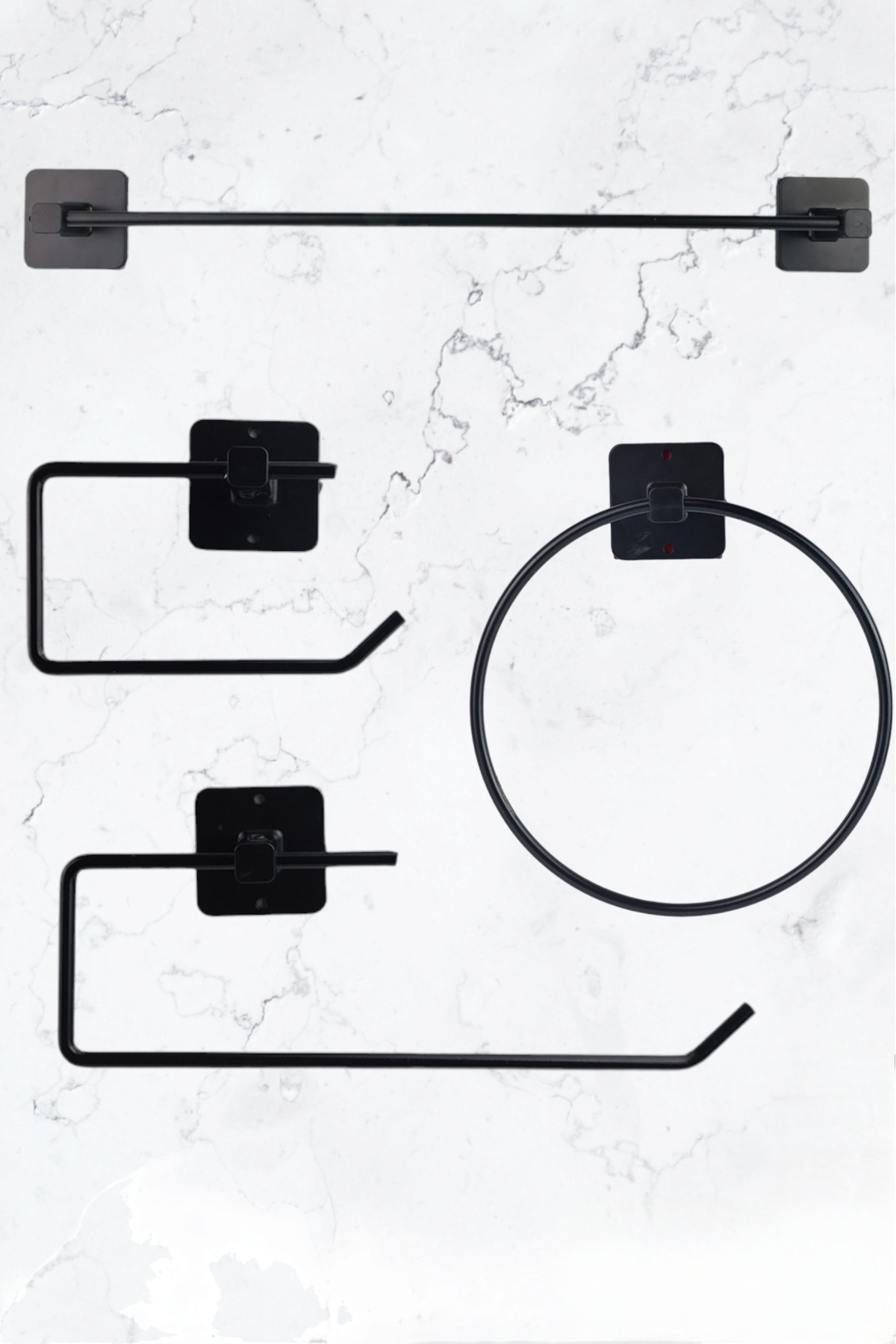 Adhesive 4-Piece Black Bathroom Set Long Towel Rack Roll Towel Rack Toilet Paper Holder Round Towel Rack