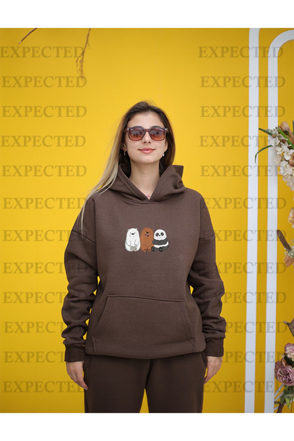 EXPECTED Women s Oversize Teddy Bear Printed Hooded Sweatshirt Hoodie