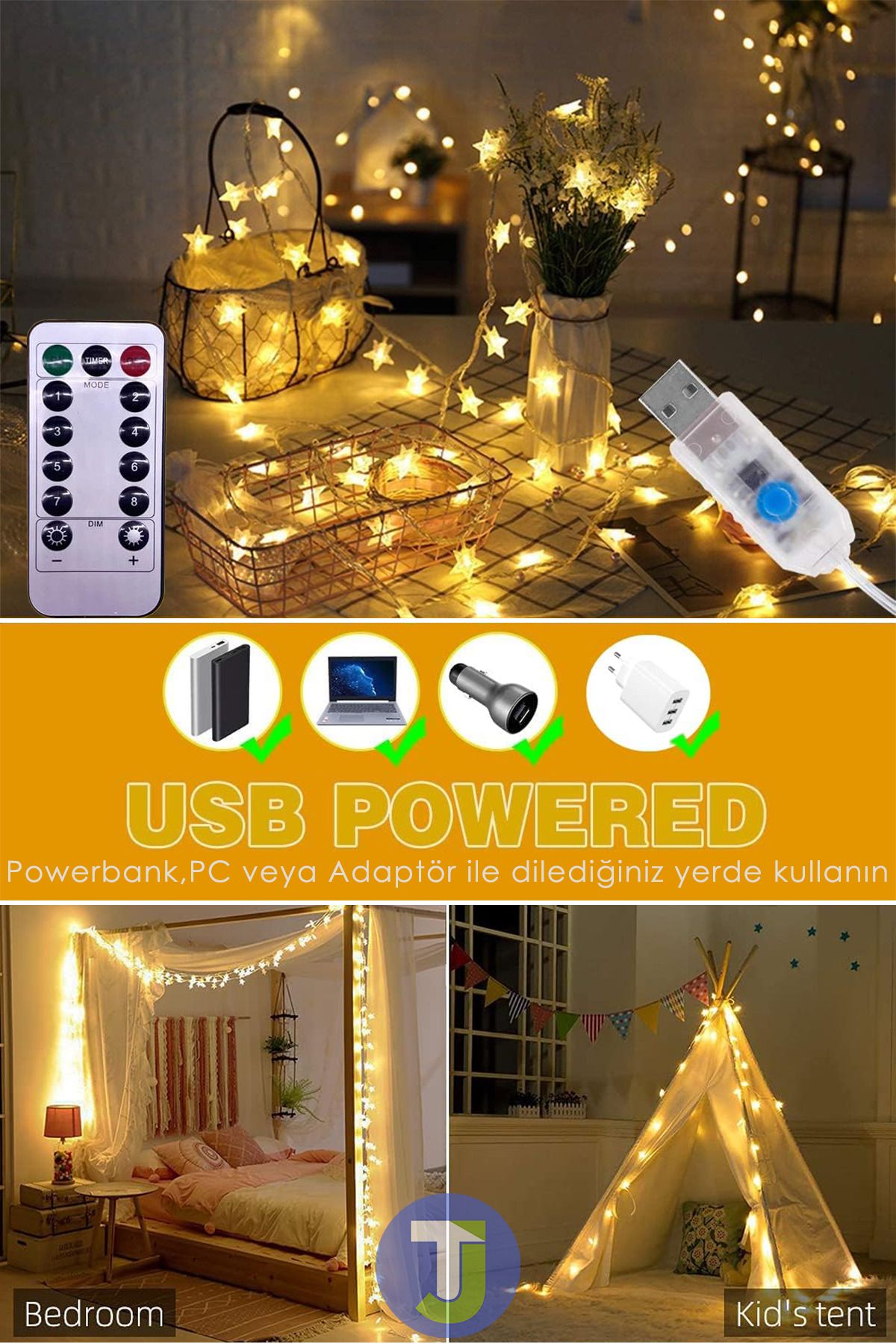 100 Ledli 10.mt Kumandalı Usbli Dekoratif Yıldız Model Şerit Led Işık Yılbaşı Süsleme - 6