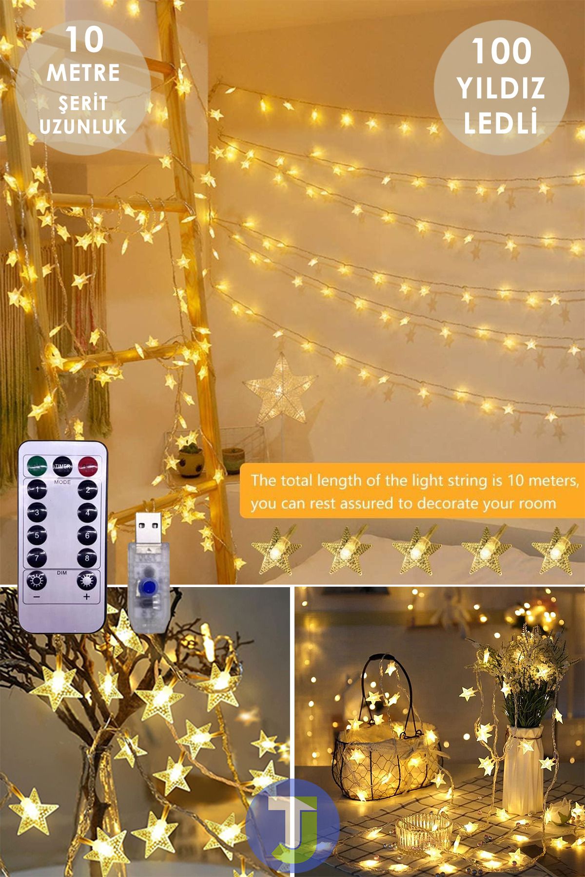 100 Ledli 10.mt Kumandalı Usbli Dekoratif Yıldız Model Şerit Led Işık Yılbaşı Süsleme - 3