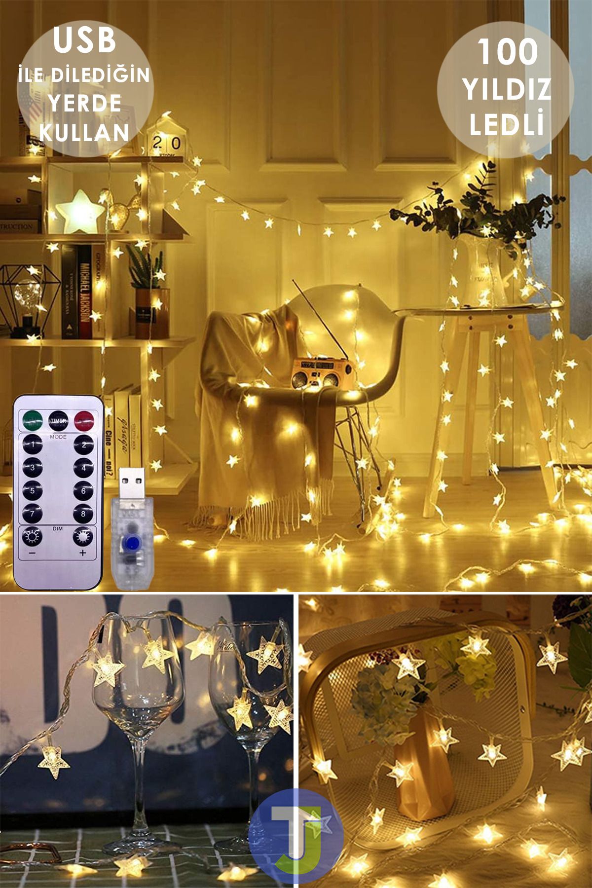 100 Ledli 10.mt Kumandalı Usbli Dekoratif Yıldız Model Şerit Led Işık Yılbaşı Süsleme - 4