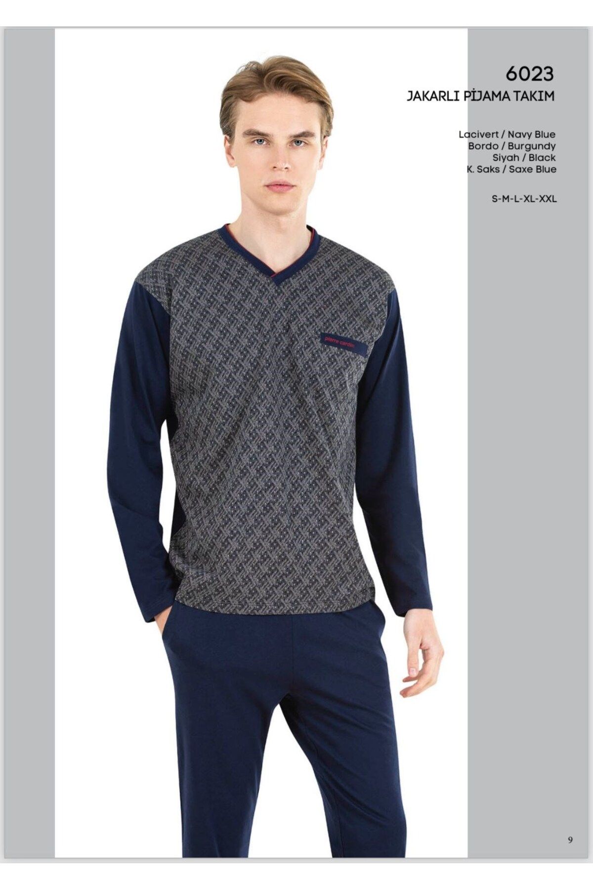 ست پیژامه آبی مردانه لباس خواب آستین بلند یقه V 6023 Pierre Cardin