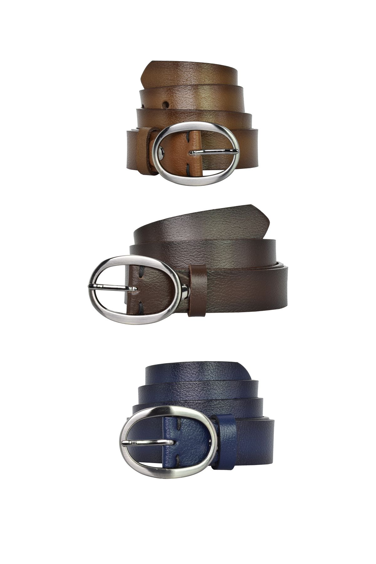 GoDeri-100% Genuine Leather Matte Oval Buckle Set of 3 Navy Blue, Light and Dark Brown, Women's Belt, 3 cm; 39 4
