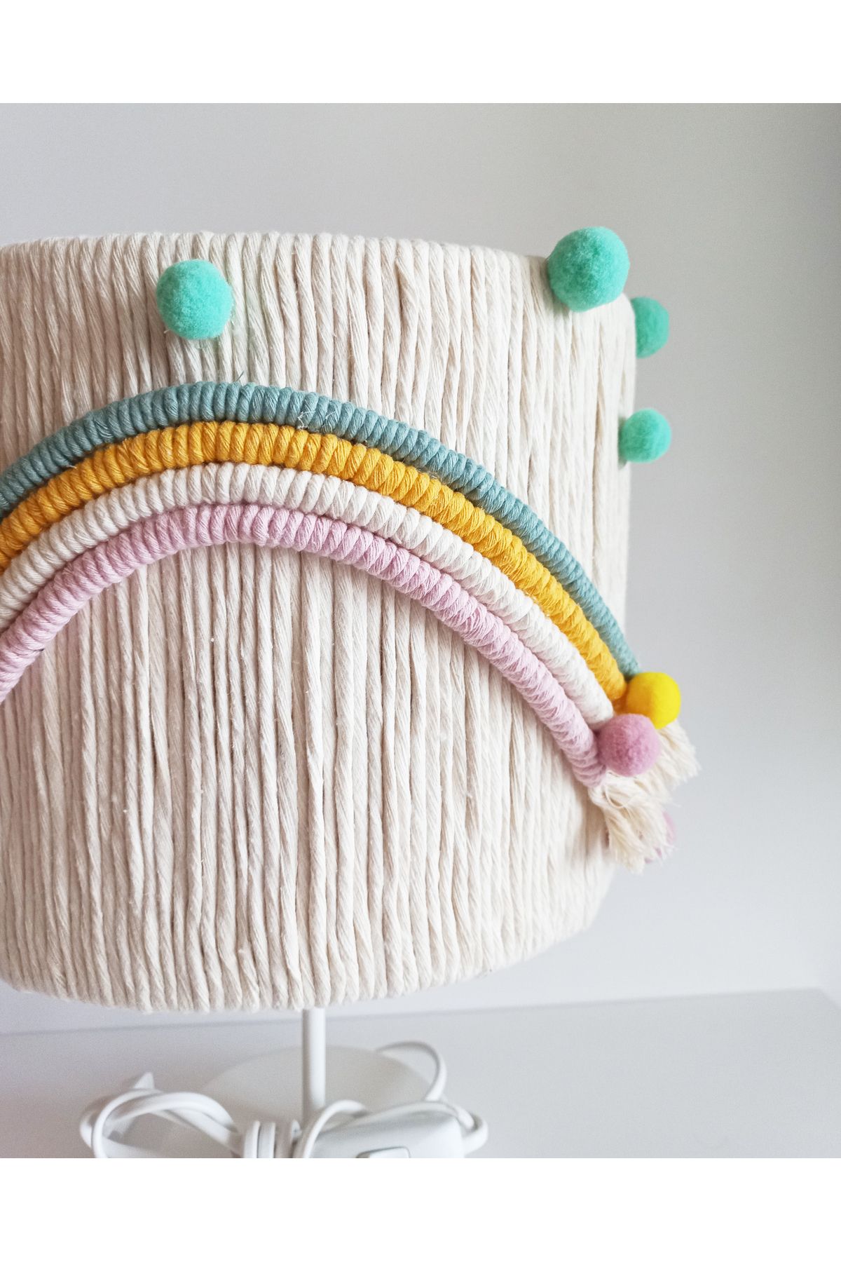 C&A&B KUZEY AVİZE-Ecru Colored Cylinder Macrame Rope Wrap Rainbow - Mint Pink Pompom Baby Girl Child Room Lampshade 3