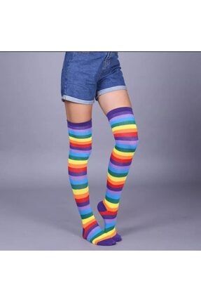 Kadın Gökkuşağı Desenli Diz Üstü Çorap 4321tu57