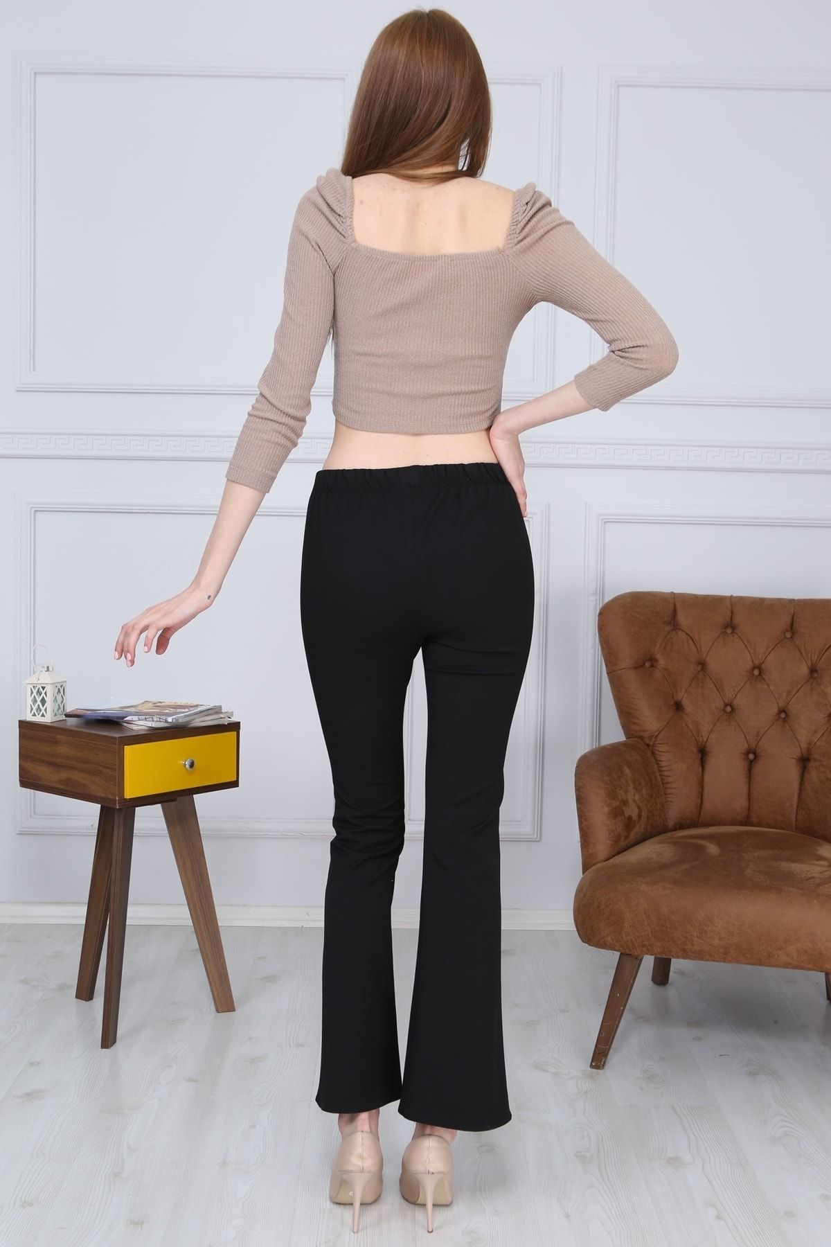Gül Moda-Flared Leg Fabric Trousers with Elastic Waist Lycra Black Without Pockets 3