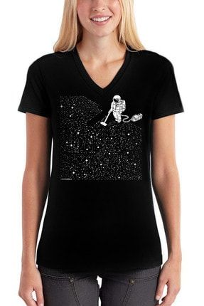 Süpürgeli Astronot Siyah V Yaka Kısa Kollu Kadın T-shirt 1M1VW210AS