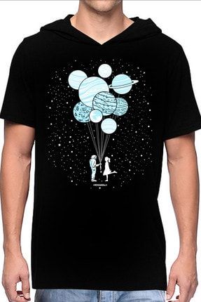 Balon Gezegenler Siyah Kapşonlu Kısa Kollu Erkek T-shirt 1M1KM237AS