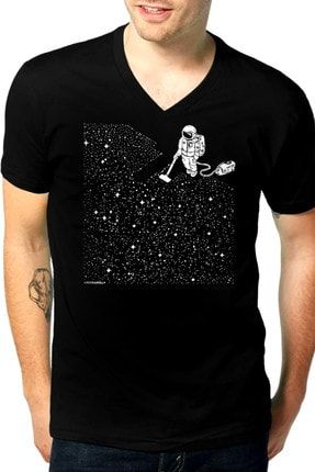 Süpürgeli Astronot Siyah V Yaka Kısa Kollu Erkek T-shirt 1M1VM210AS
