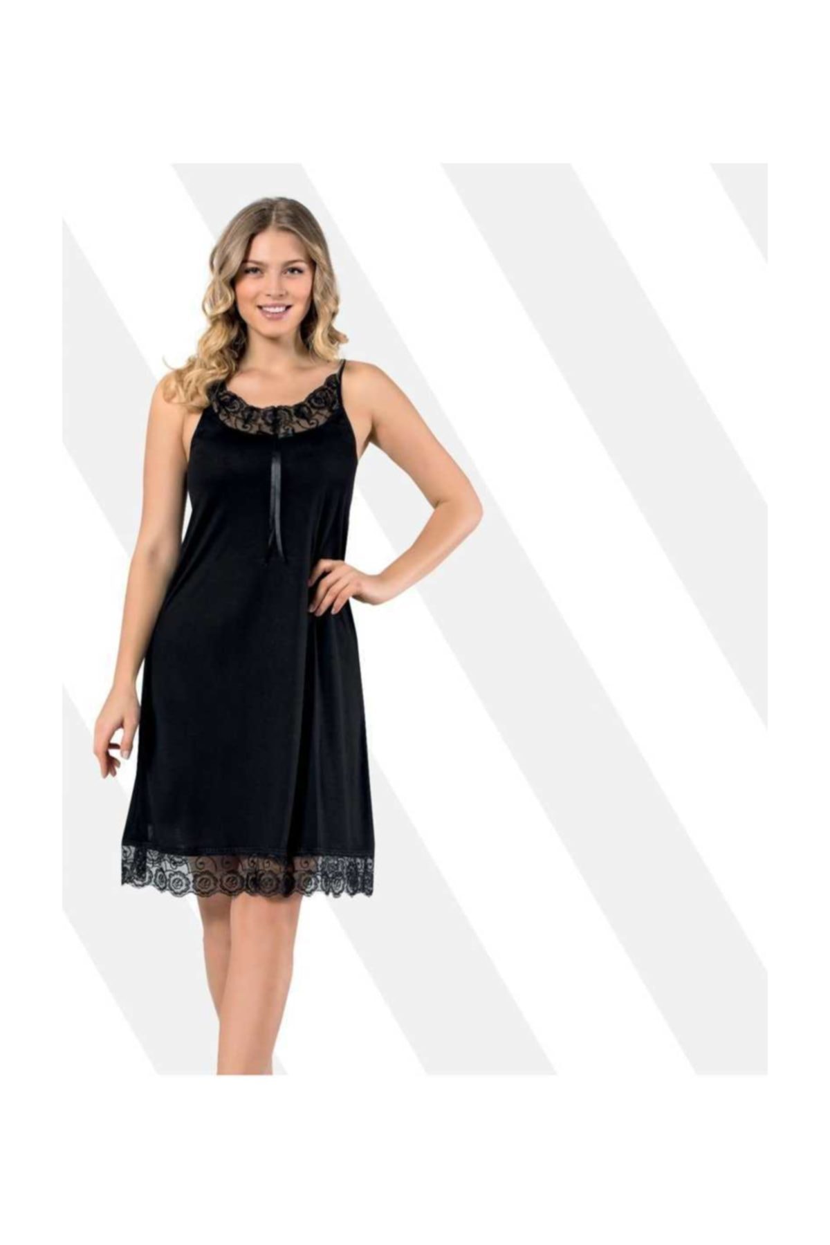 KOTA Ulus Kadın Gecelik Dantelli Fiyonklu Siyah