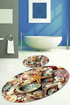 Kadser Deniz Kabukları Oval Banyo Paspas Seti Klozet Takımı ovbny6