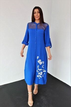 Kadın Mavi Robası File Detaylı Düğmeli Çiçek Nakışlı Dokuma Gömlek Elbise EUWRFDDN1
