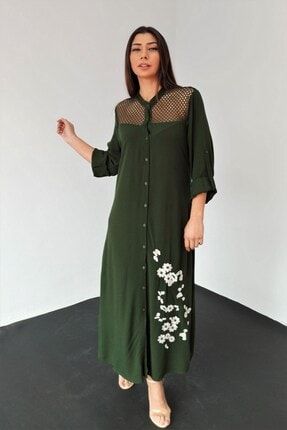 Kadın Yeşil Robası File Detaylı Düğmeli Çiçek Nakışlı Dokuma Gömlek Elbise EUWRFDDN1