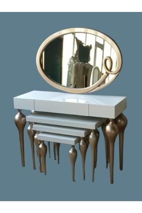 Dresuar-zigon Tombul Imza Oval Ayna Model Kayın Torna Mdf Tabla Parlak Gold-beyaz Uyumu El Yapım Bengi Dresuar ve Sehpa Takımı