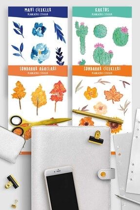 Çiçek Sticker, Sonbahar Temalı Sticker Seti, Mavi Yapraklar Ve Kaktüs, 4 Adet cicek09