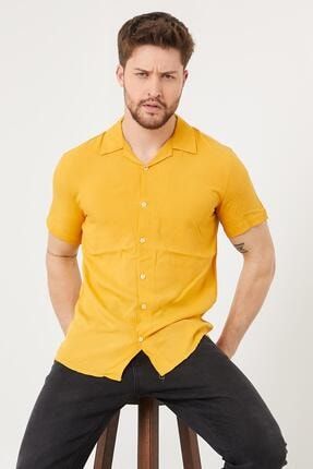 Erkek Slim Fit Keten Apaş Yaka Kısa Kollu Gömlek Sarı 2709UNYA