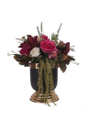 Yapay Çiçek Aranjmanı Metal Mat Siyah Altın Vazoda Özel Tasarım PRA-3671488-0510