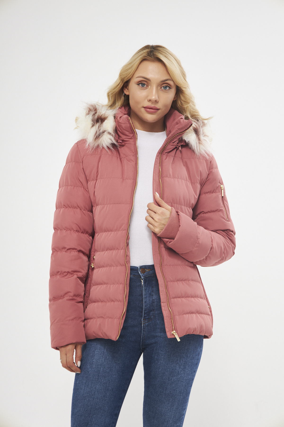 دینامو پالتوی زنانه کلاه‌دار گل رز با آستر خز قابل جدا شدن و تن‌خوری راحت، پالتوی ضخیم ۵۳۰۱