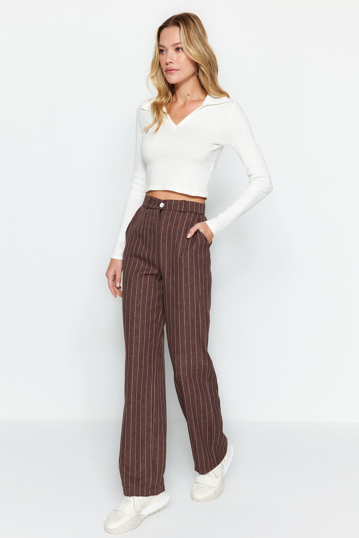 Trendyol Collection Dark Brown Wide Leg Wide Leg Woven Striped