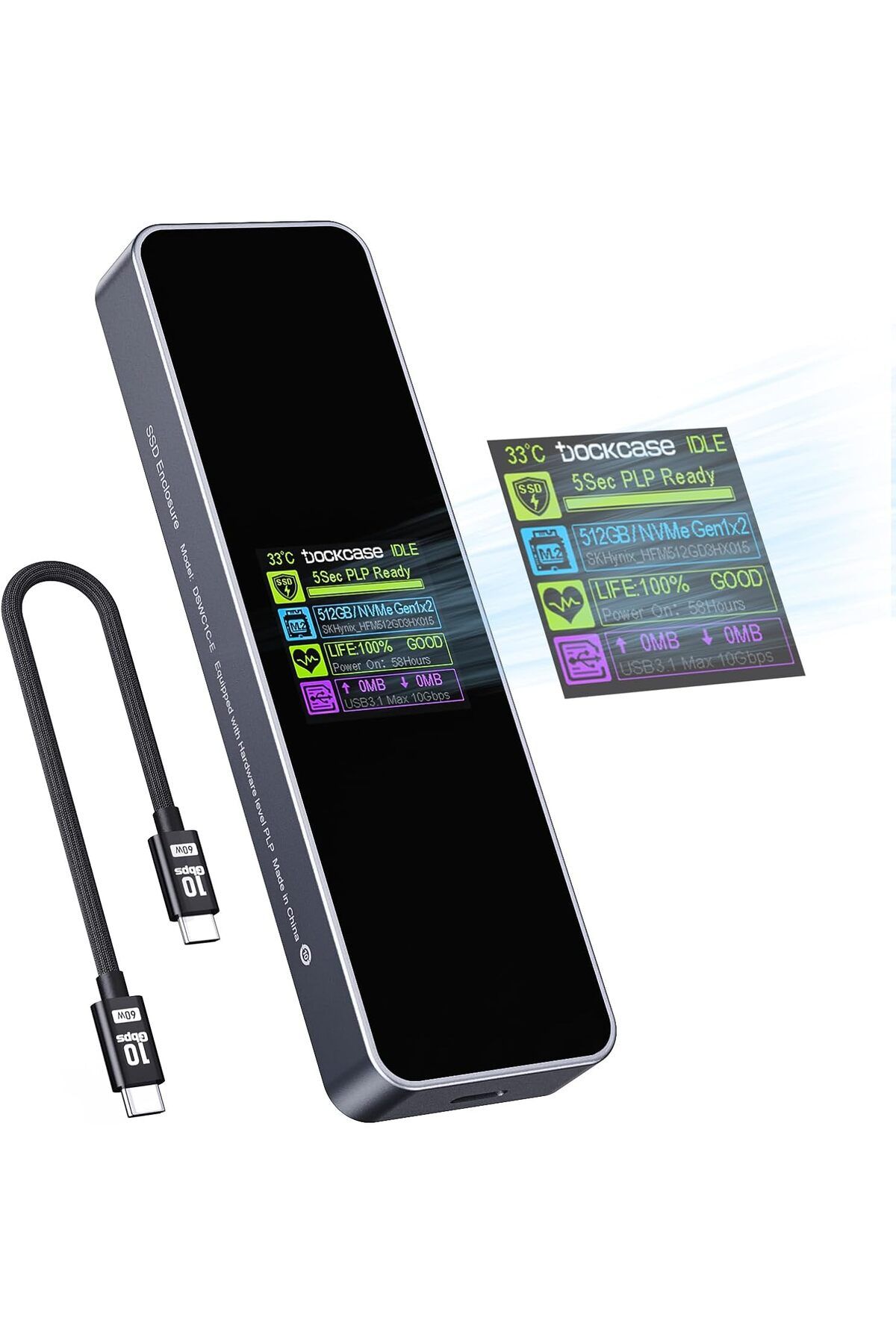 DOCKCASE HD Ekranlı Akıllı M.2 NVMe SSD 5s Güç Kaybı Koruması 1GB Dosya 1 Saniyede Transfer