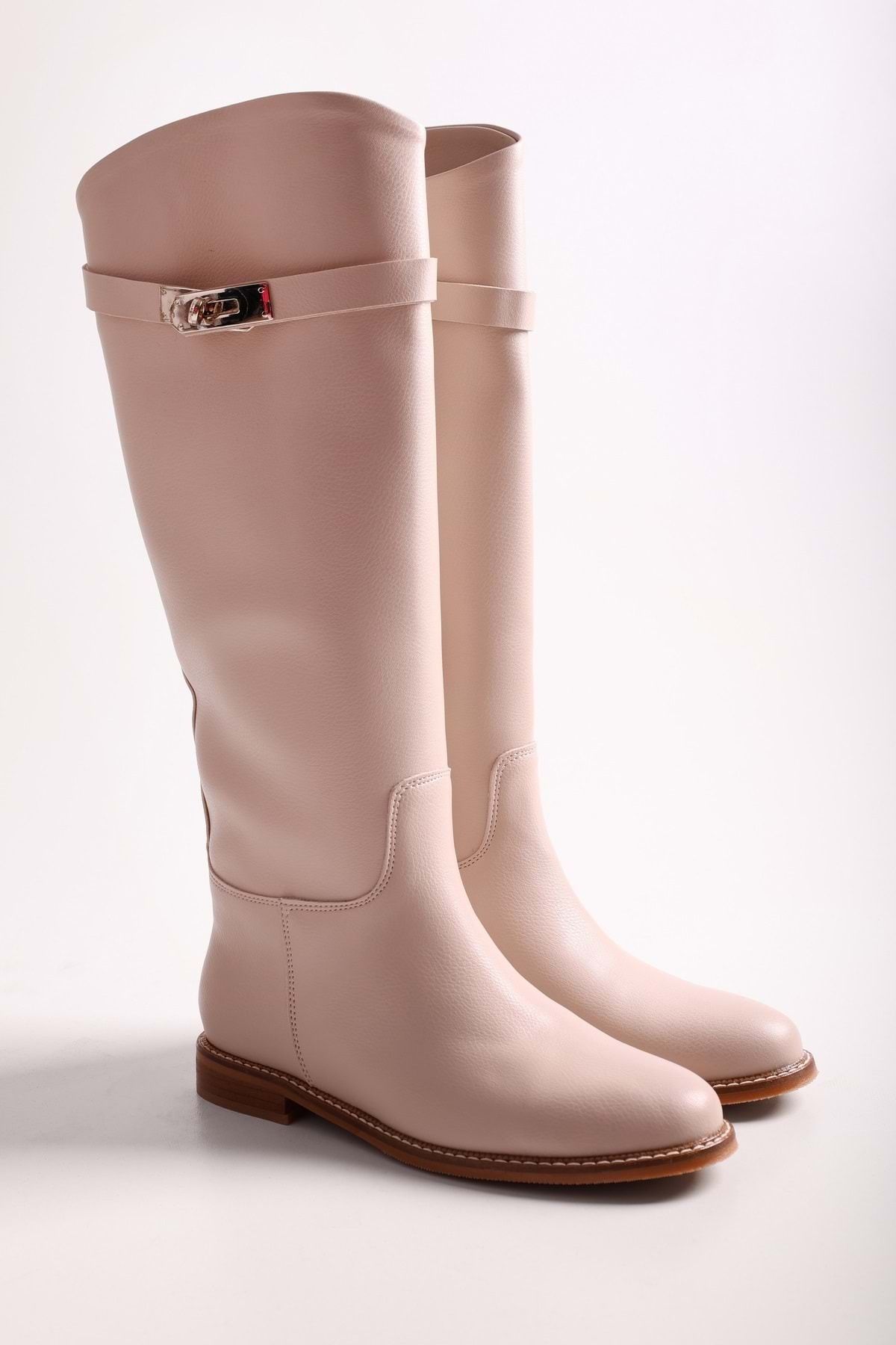 Shoeberry Women s Larissa Beige Leather Buckled Riding Boots Beige Leather