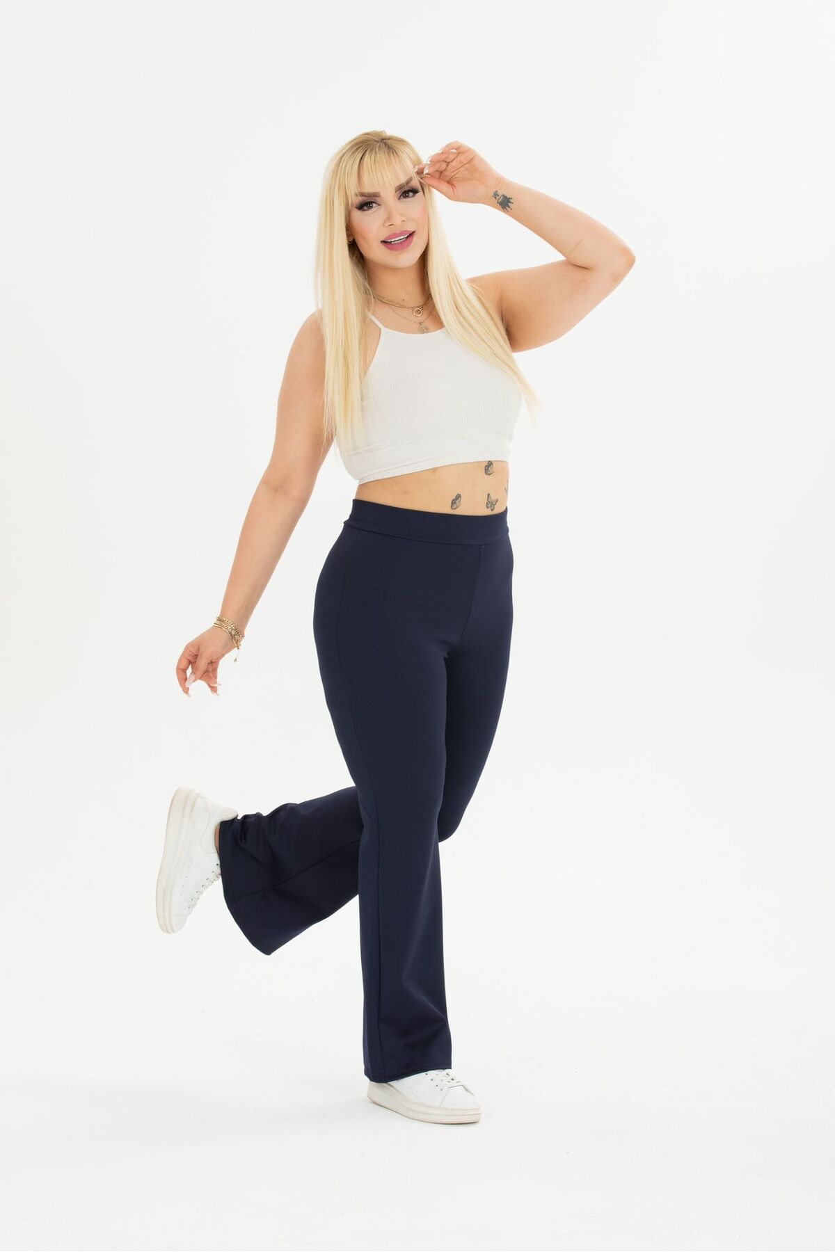 Swana Kadın Buyuk Beden Lacivert Fitilli İspanyol Paça Pantolon Tayt