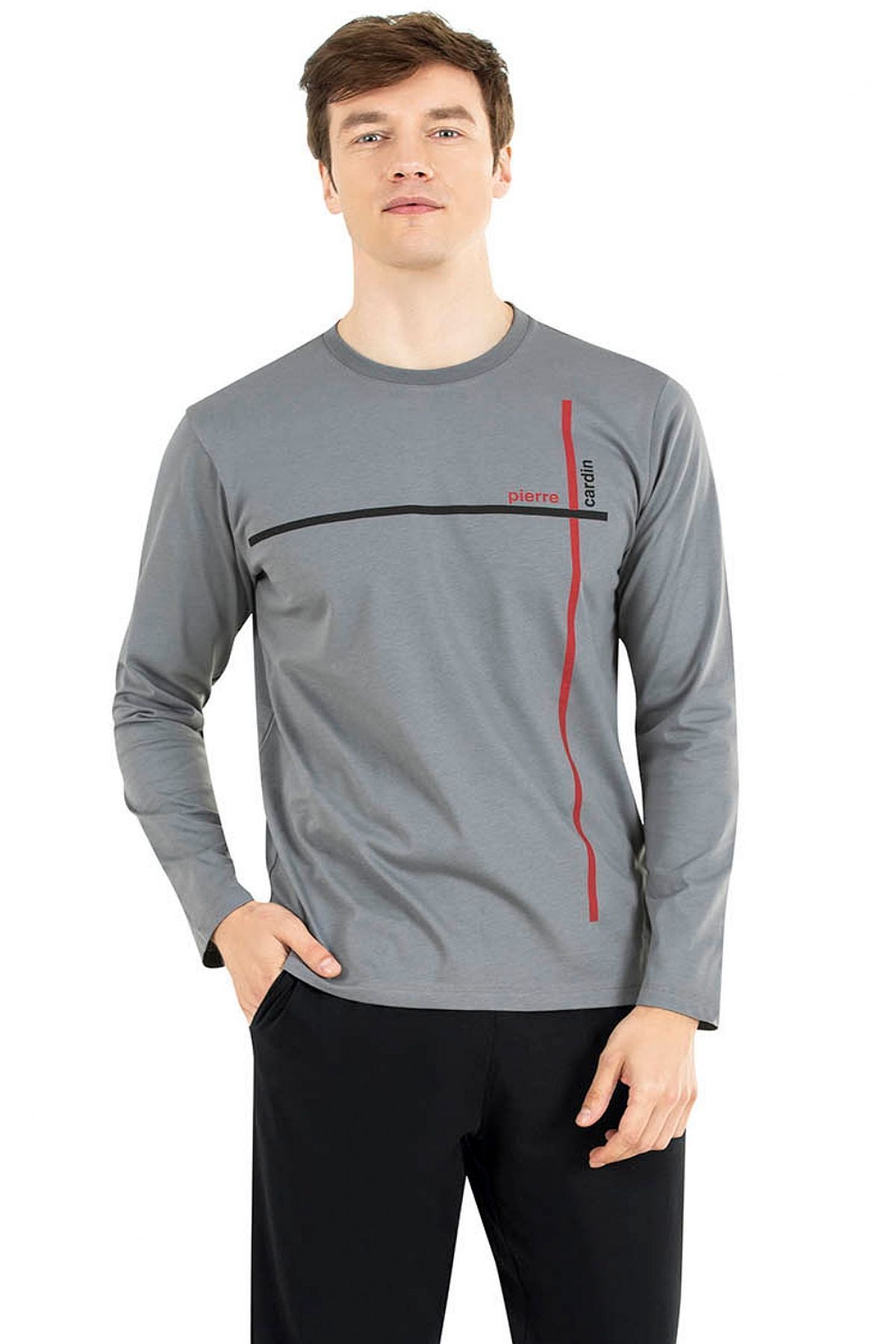 ست پیژامه خاکستری مردانه لباس خواب آستین بلند 6029 Pierre Cardin