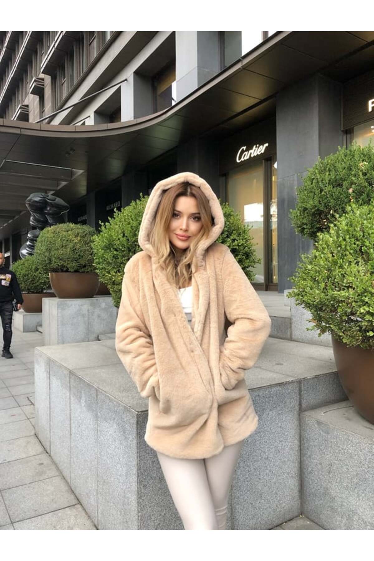 dblovedbrand Plush Hooded Soft Fur Coat- Trendyol