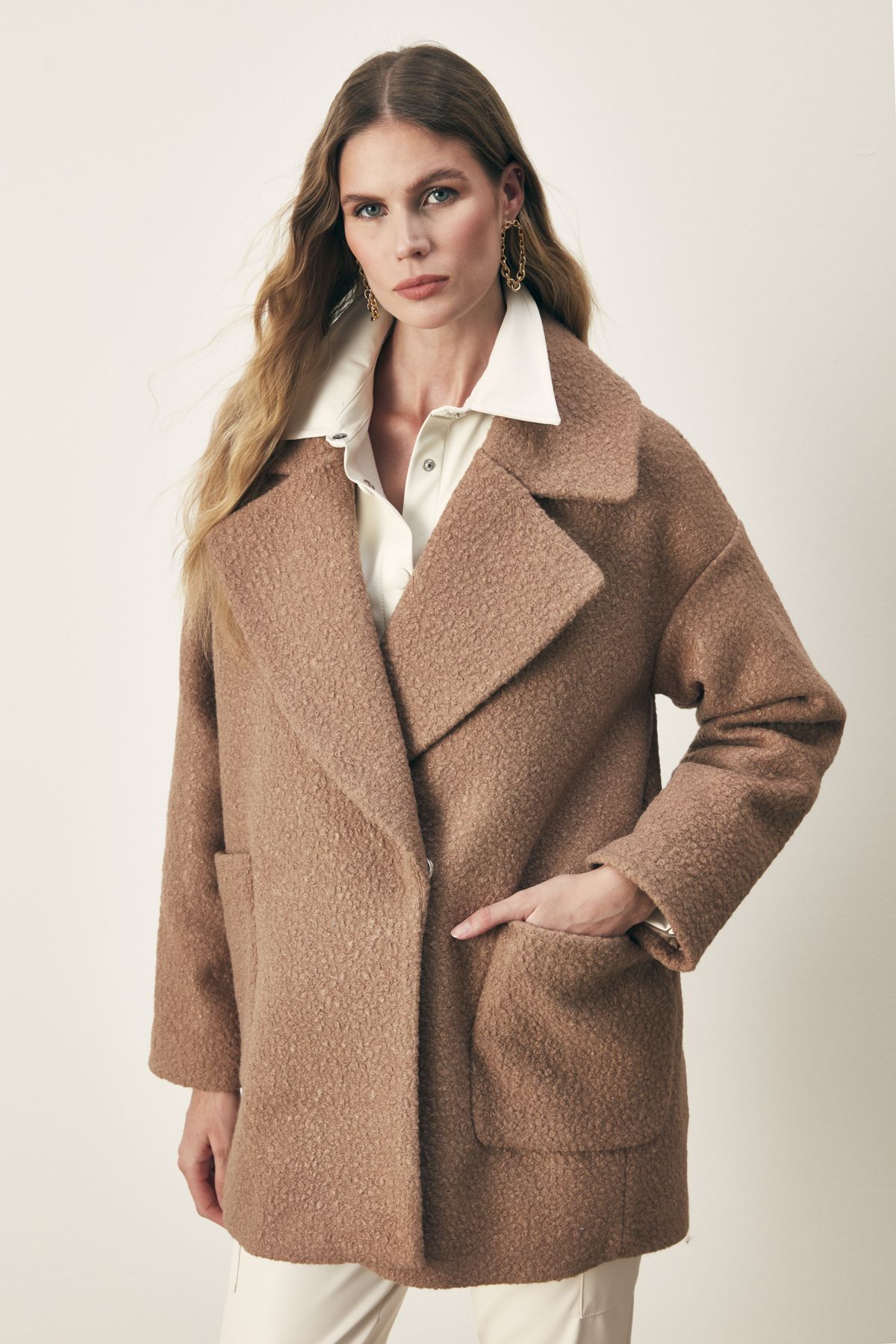 Camel boucle coat best sale