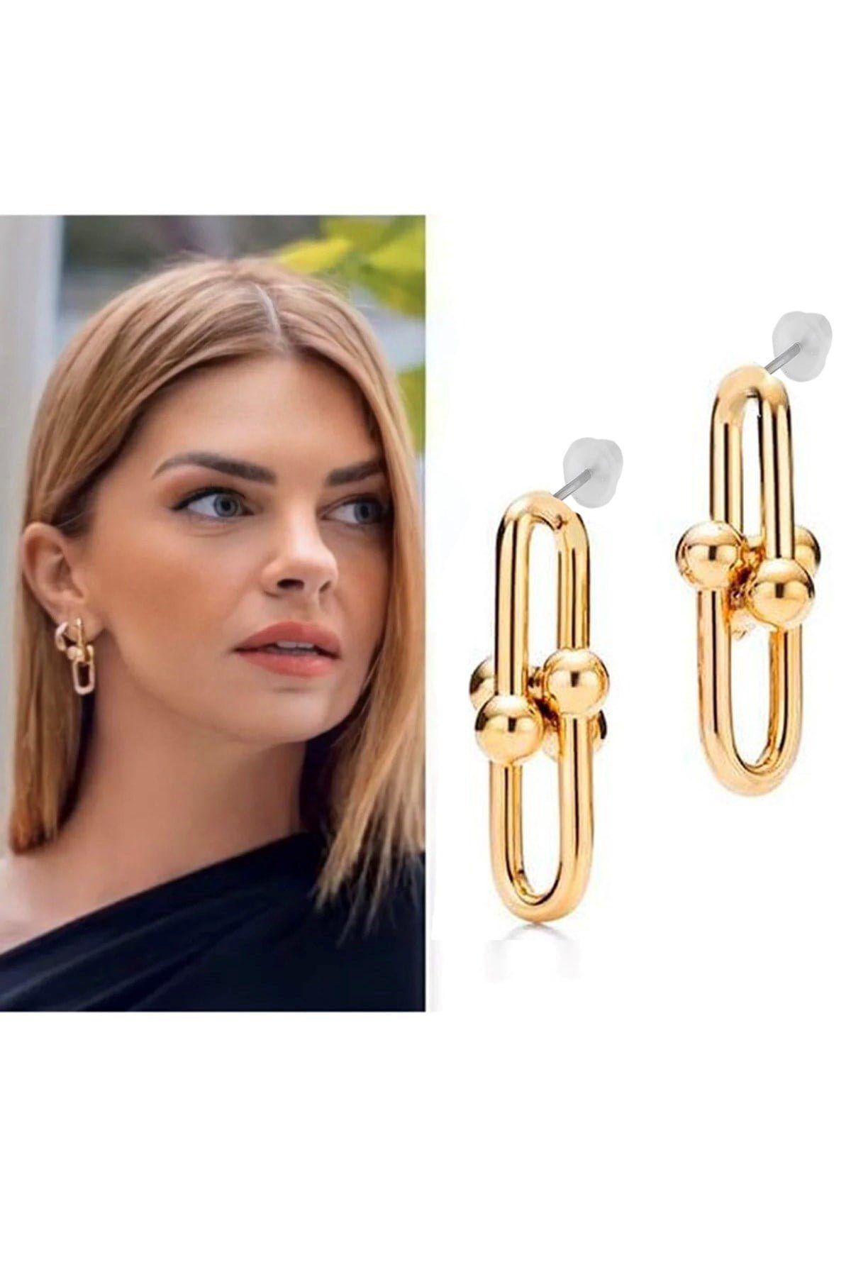 BUJİTERİM Altın Kaplama Kısa İkili Tiffany Blanca Gold Küpe