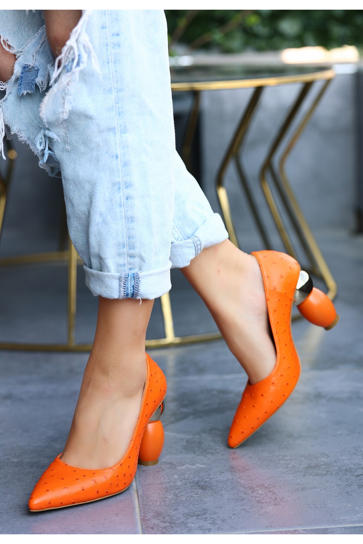 Silon Turuncu Cilt Topuklu Ayakkabı