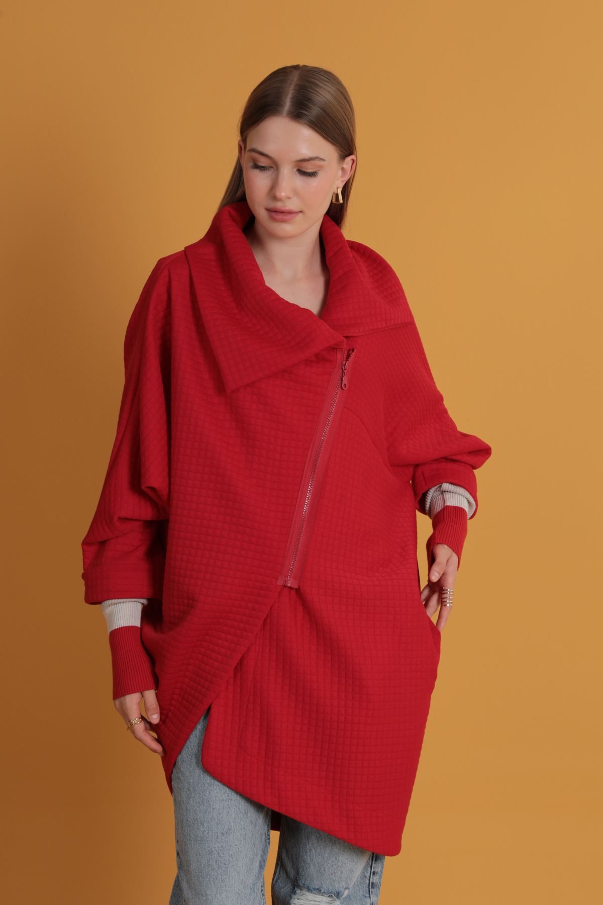 MYA-Women's Honeycomb Pattern Long Zipper Cardigan | Stylish Cardigan with Ribbed Sleeve Detail | Cardigan with Sleeve Detail 2