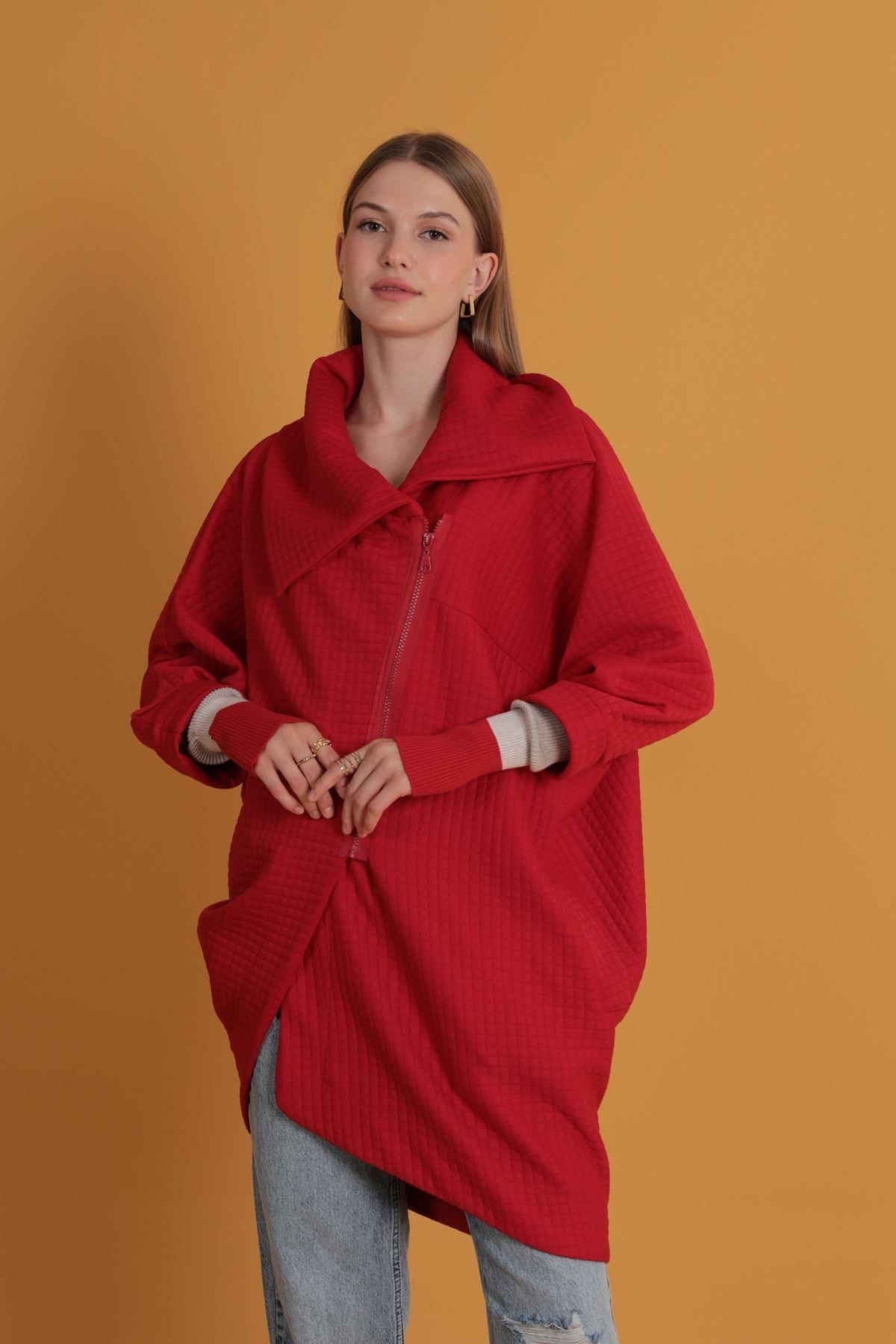 MYA-Women's Honeycomb Pattern Long Zipper Cardigan | Stylish Cardigan with Ribbed Sleeve Detail | Cardigan with Sleeve Detail 5