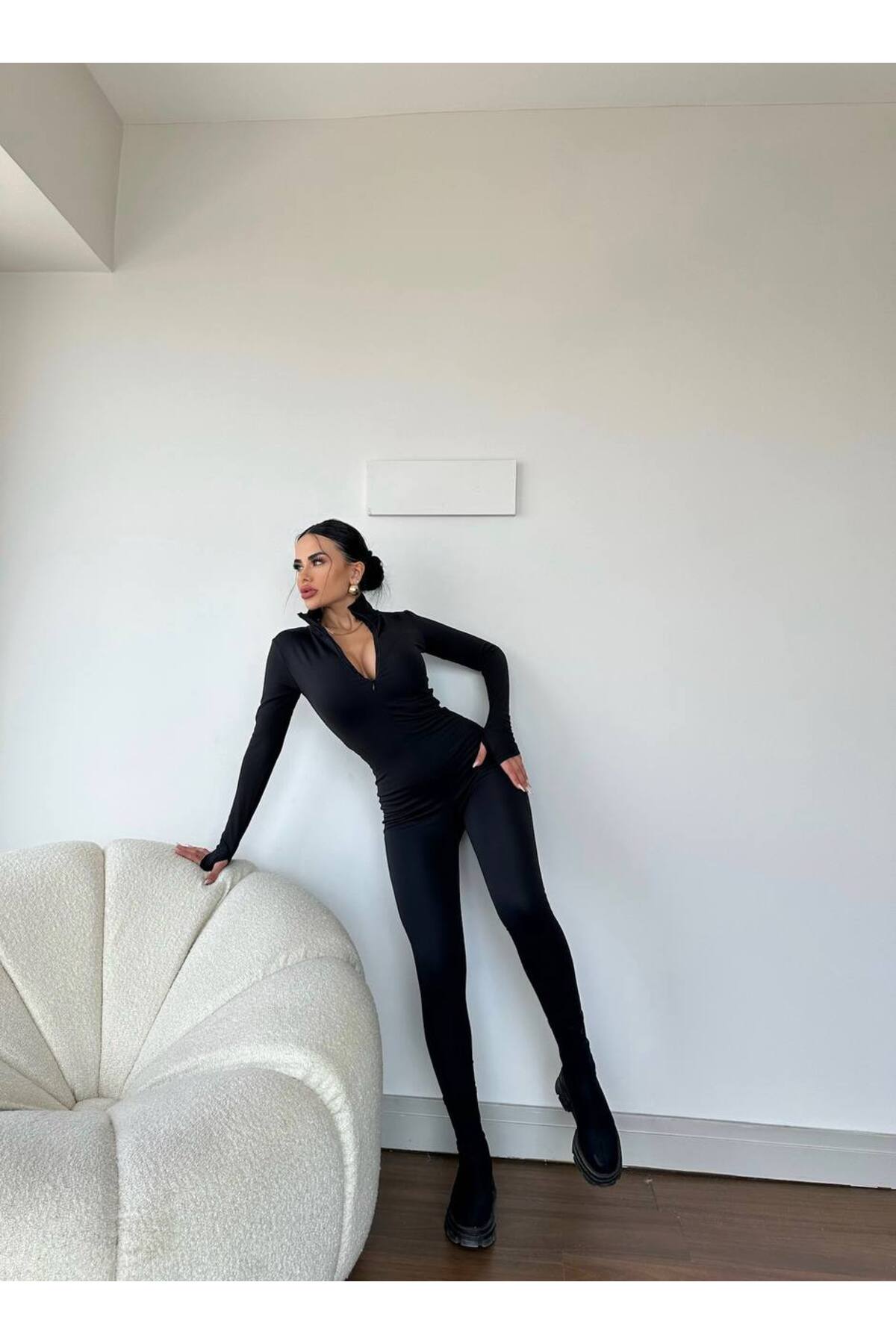 BB Fashion Fekete női jumpsuit polár béléssel