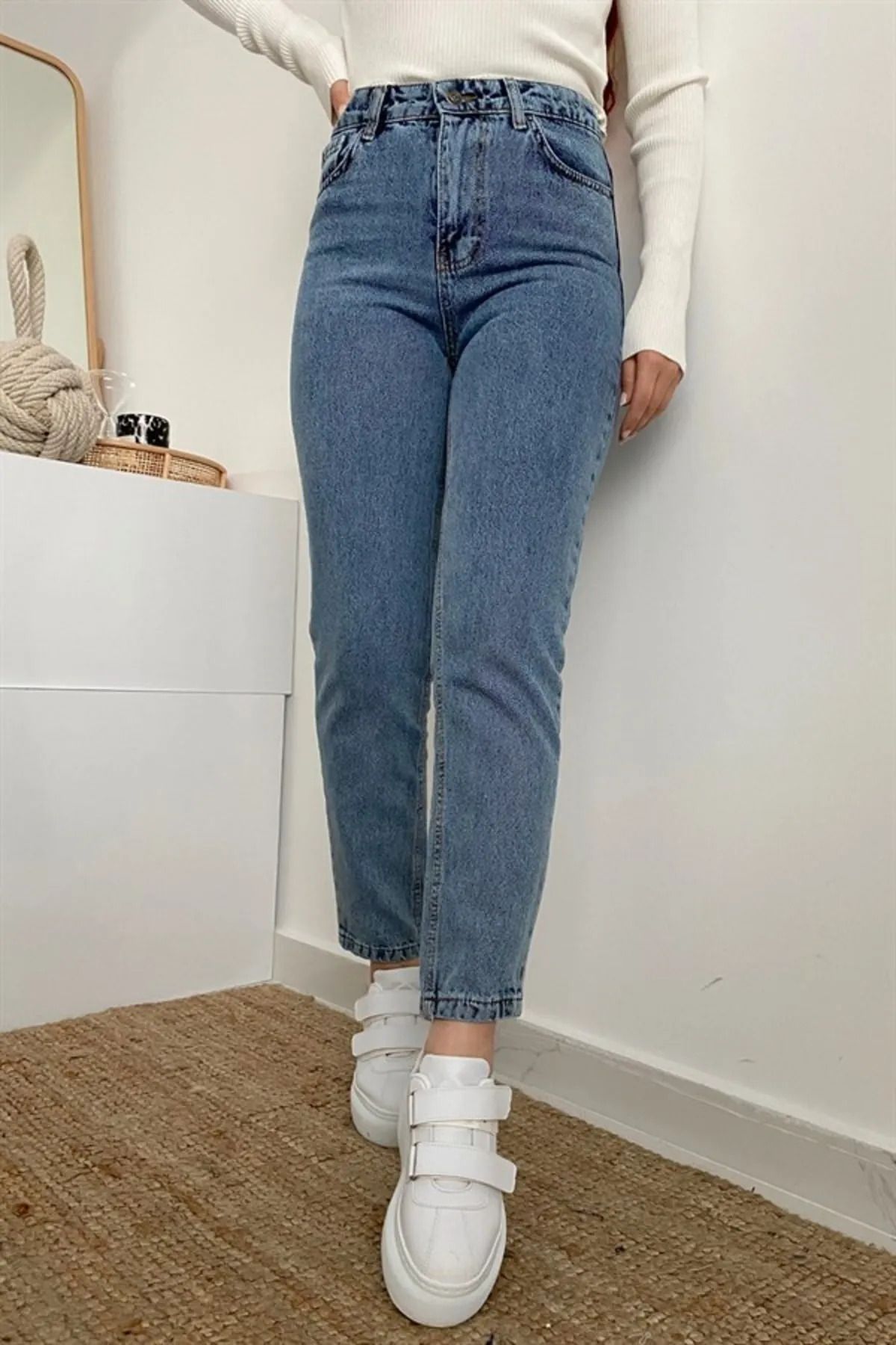 Tanya Indigo Kar Mavi Mom Jean Yüksek Bel Detay Boyfriend Kot Mavi
