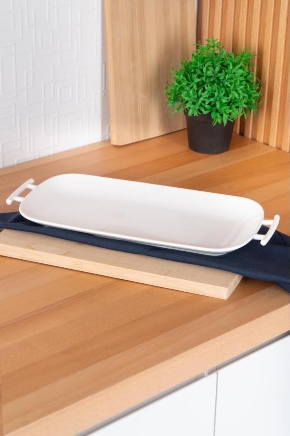 Digithome-Acar Bianco Perla Porcelain Serving Plate with Handle Rectangular White 39 Cm - Sct-05385 C320.033 1