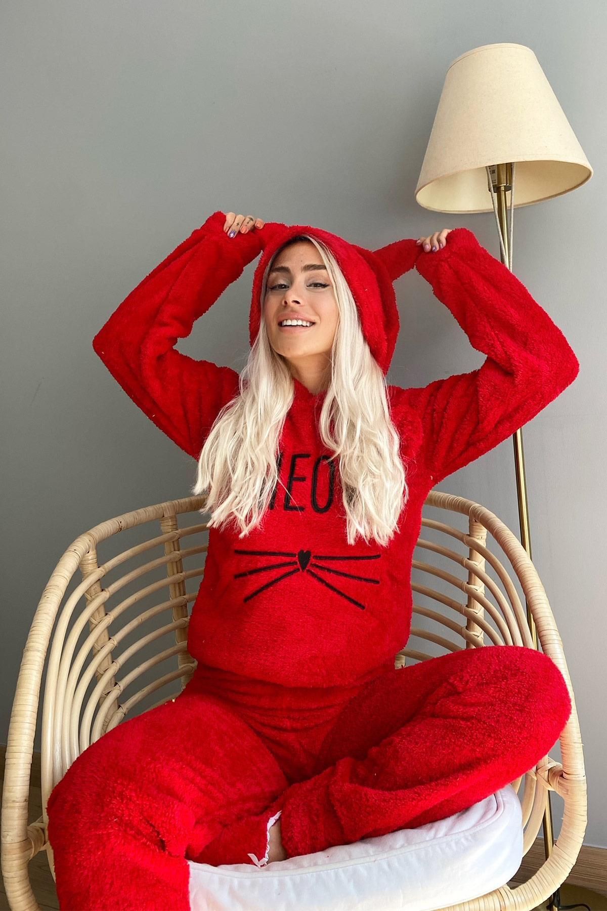 Pijamaevi-Red Meow Patterned Full Plush Pajama Set 7