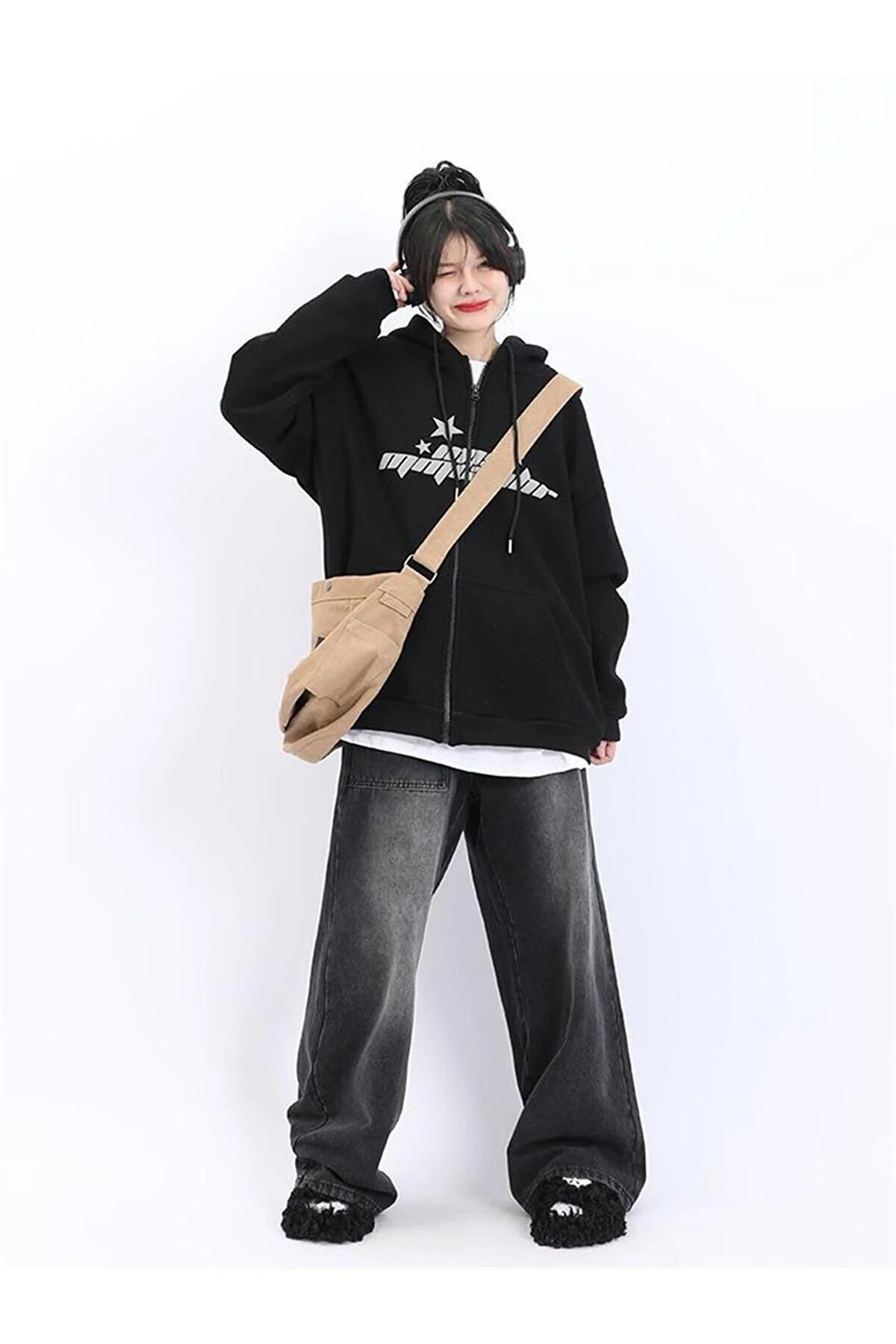 ウォーキング・ランニングウェア y2k teck 00s FJALL RAVEN zip-up jacket Gofeel Y2k Tech Stars Baskılı Oversize Fermuarlı Siyah Unisex