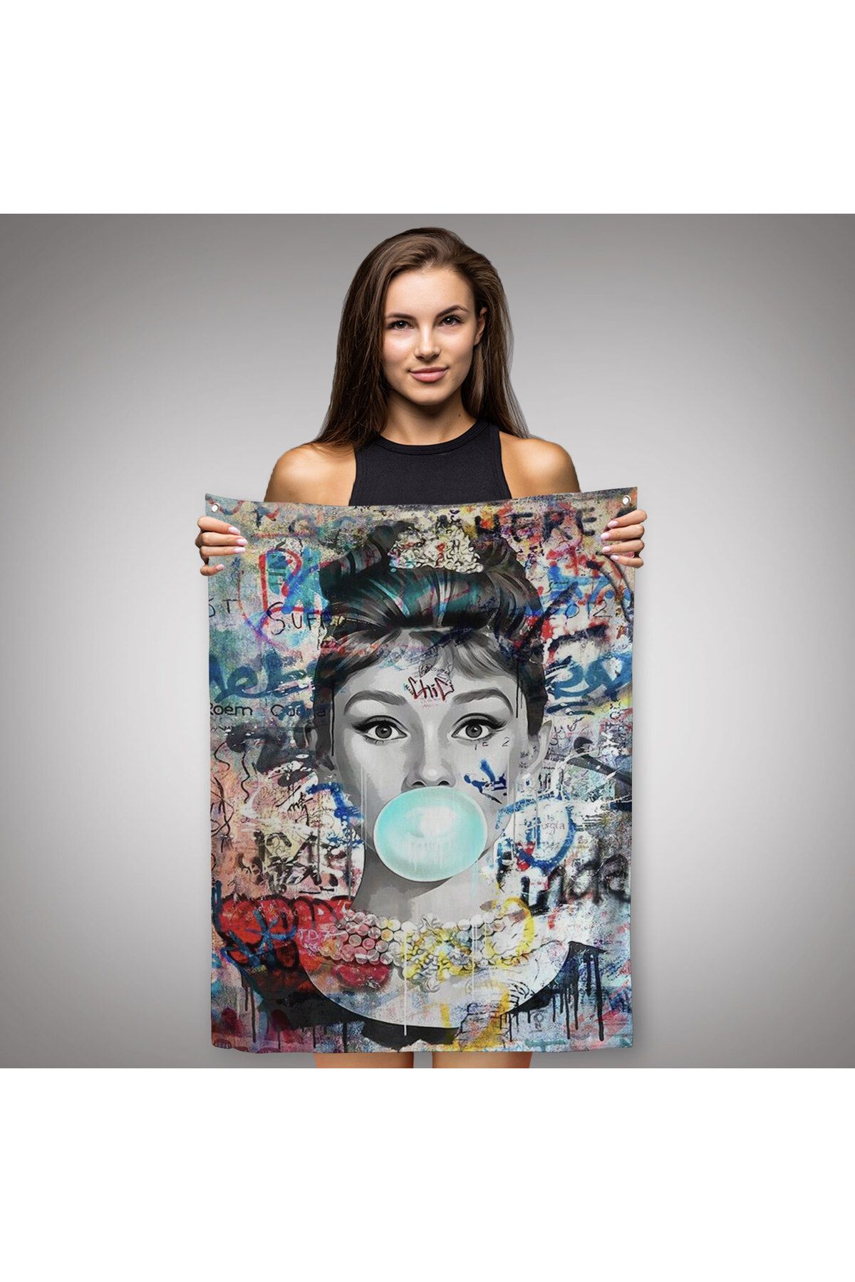 Doğal Tercih-Audrey Hepburn Banksy Style Wall Art Ciklet Poster, Hepburn Wall Cloth - Rug-5319 2