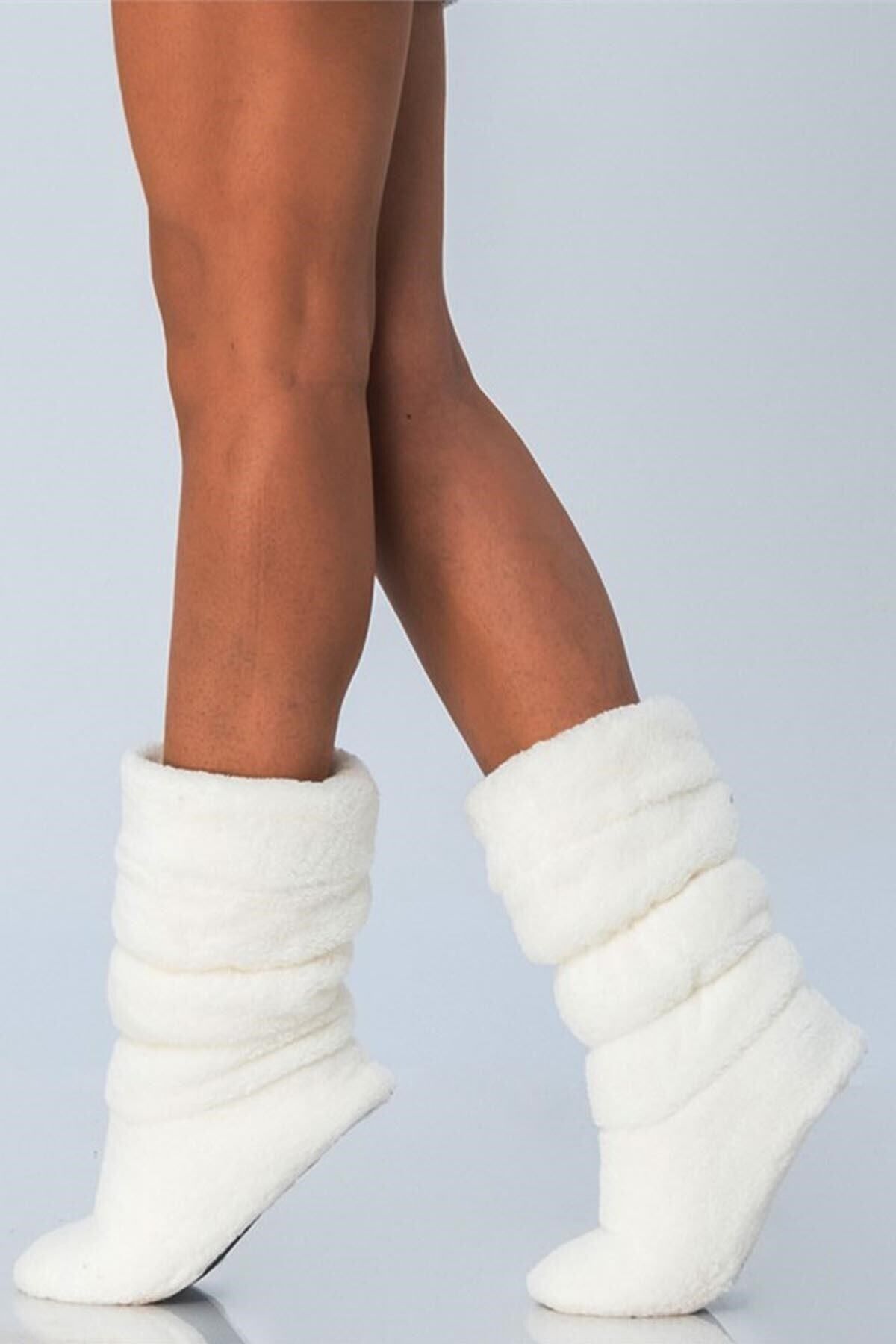 HAN GİYİM-Women's Ecru Welsoft Drawstring Long Boots, Non-Slip and Quiet Sole, Winter, Plush, Soft Drawstring Boots 2
