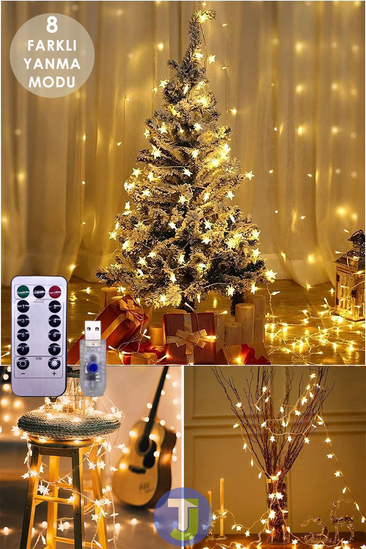 100 Ledli 10.mt Kumandalı Usbli Dekoratif Yıldız Model Şerit Led Işık Yılbaşı Süsleme - 2