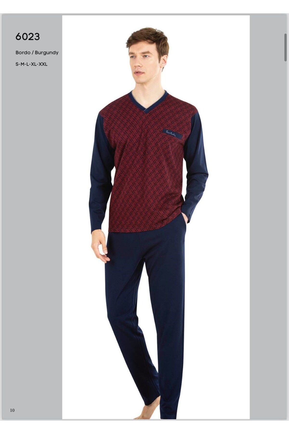 ست پیژامه قرمز مردانه لباس خواب آستین بلند یقه V 6023 Pierre Cardin