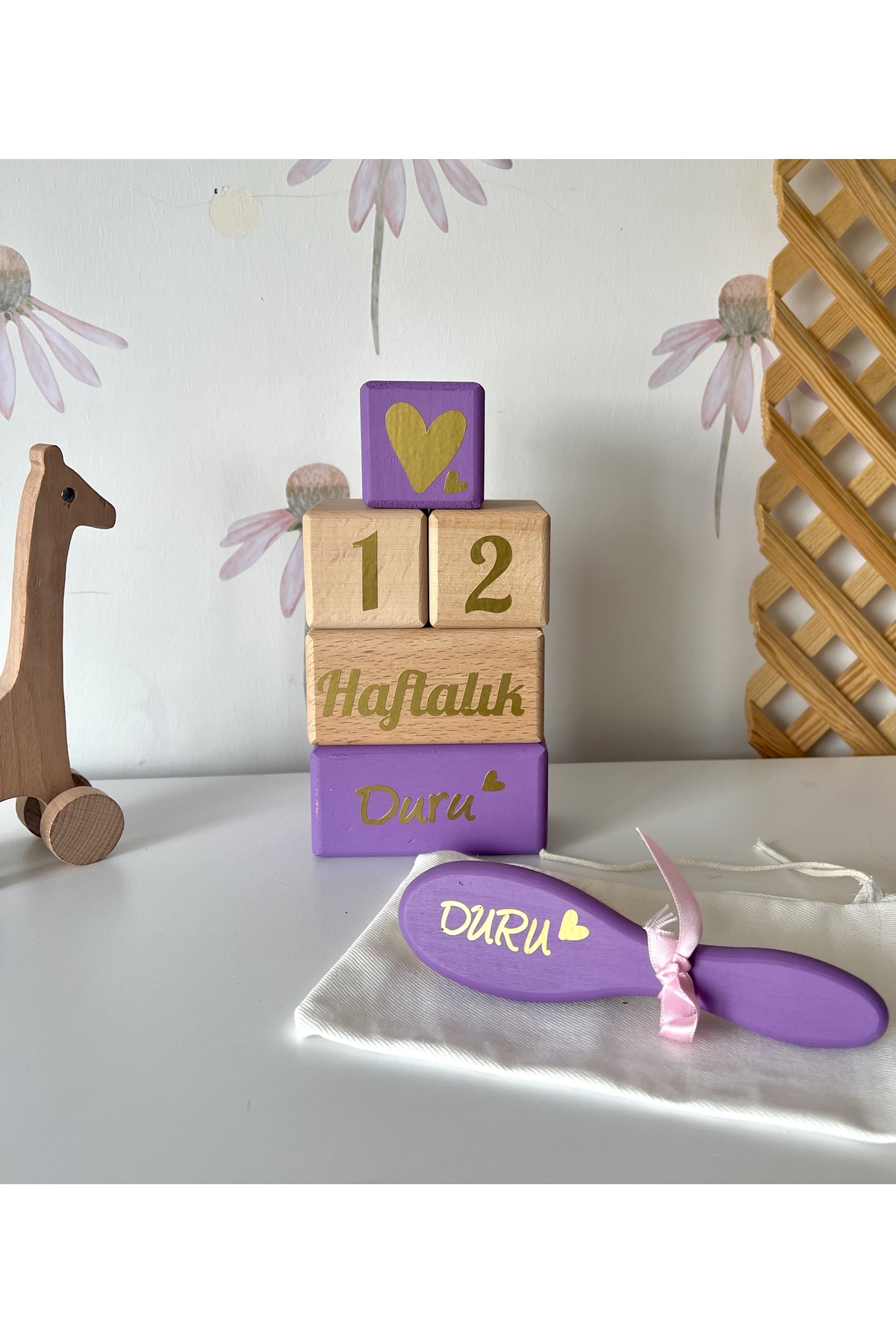 Lila Gold Yazılı Anne Bebek Anı Küpü Seti ,fotoğraf Çekim Seti Ve Renkli Bebek Saç Taragı