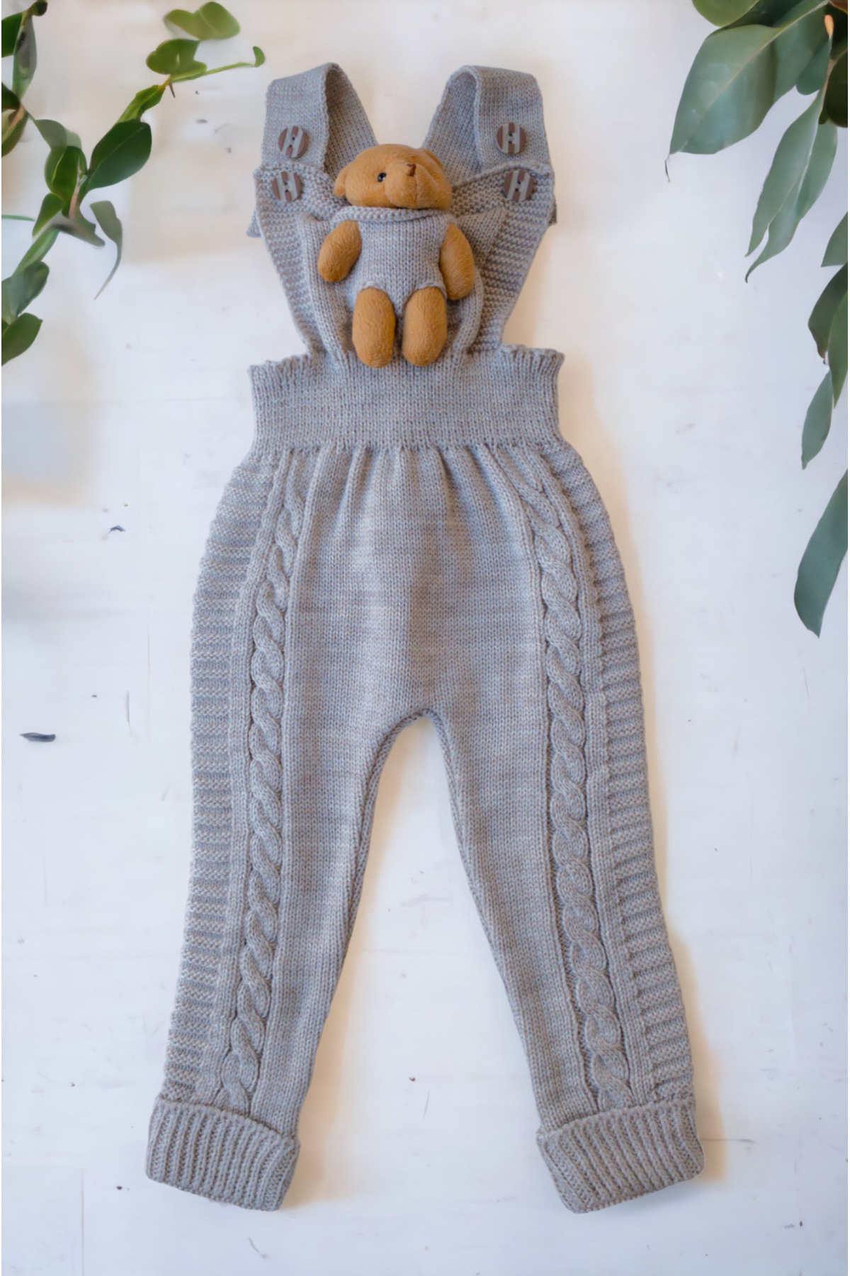 Winter Teddy Bear Strap Buttoned Baby Kids Knitwear Leggings Dungaree