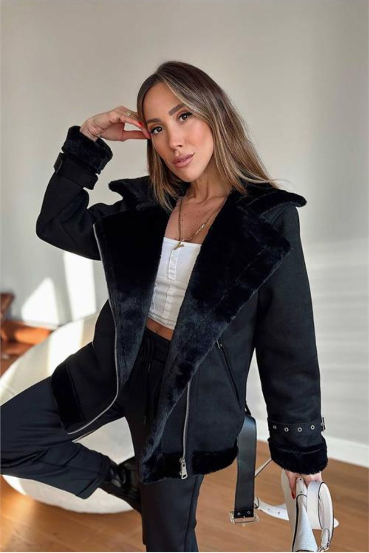 Suede biker jacket with fur collar on sale